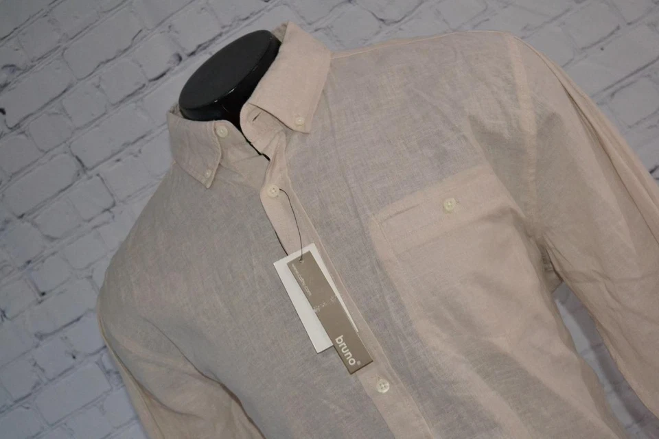 47172-a Bruno Hawaiian Shirt Tan Linen Cotton Blend Size Large Mens NEW - Image 2 of 4