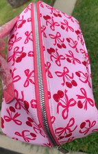 Pink Red Cherry Print Makeup Bag with Zipper and Bow Design Cosmetic Organizer