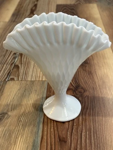 Vintage Fenton Blue Milk Glass Diamond Pattern Ruffle Top Fan Vase 8"