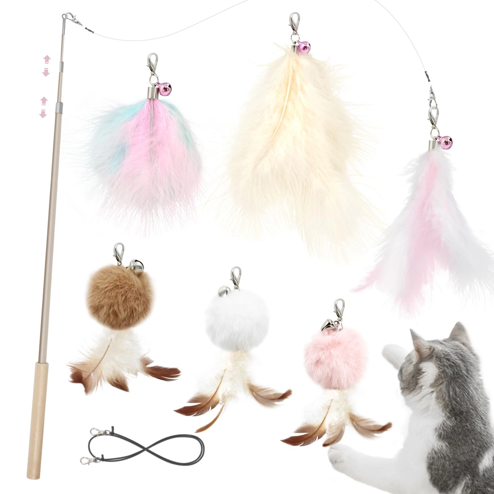 7 PCS Interactive Cat Feather Toy Set Retractable Wand Pink Kitten Gift