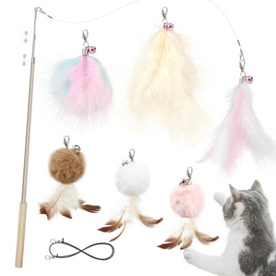 7 PCS Interactive Cat Feather Toy Set Retractable Wand Pink Kitten Gift