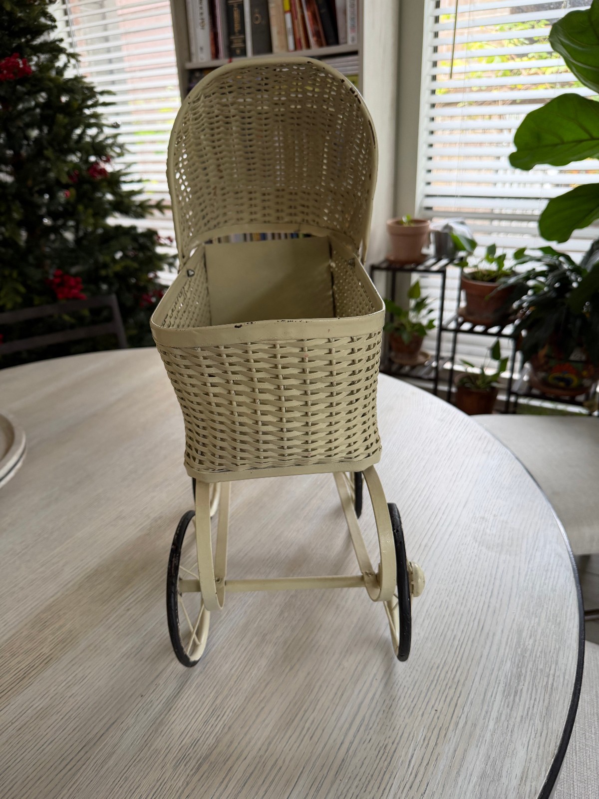 Vintage Wicker Doll Baby Carriage Buggy Stroller White Victorian Canopy