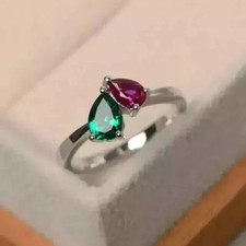 2 Ct Pear Cut Simulated Green Emerald Wedding Band Ring In 14k White Gold Plated