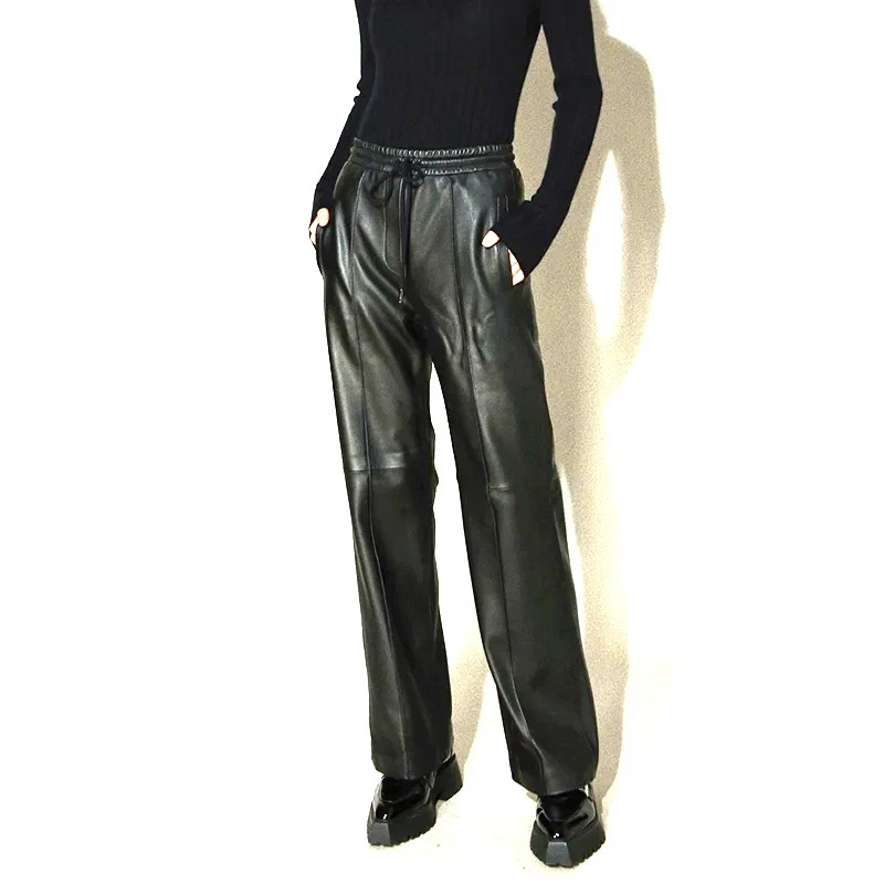 Women's Real Leather Pants Drawstring Mid Waist Wide Leg Relaxed Fit Black