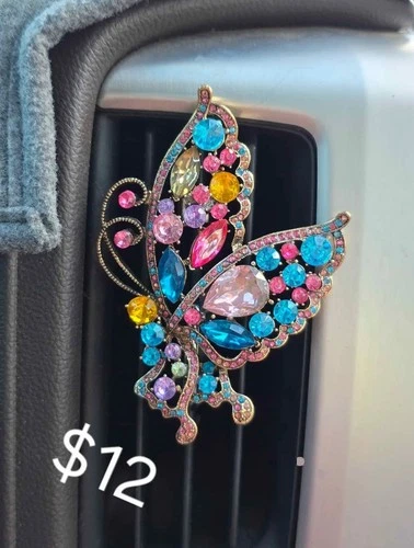 HANDMADE CAR AIR CONDITIONING VENT CLIP - BLINGY BUTTERFLY BROOCH REPURPOSED