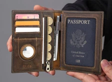 RFID Protection Leather Coin Passport Holder Bag Wallet AirTag Card Slot Travel