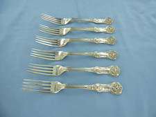 AN ANTIQUE SET OF SIX STERLING SILVER QUEENS PATTERN DINNER FORKS, LONDON 1869