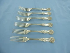 AN ANTIQUE SET OF SIX STERLING SILVER QUEENS PATTERN DINNER FORKS, LONDON 1869