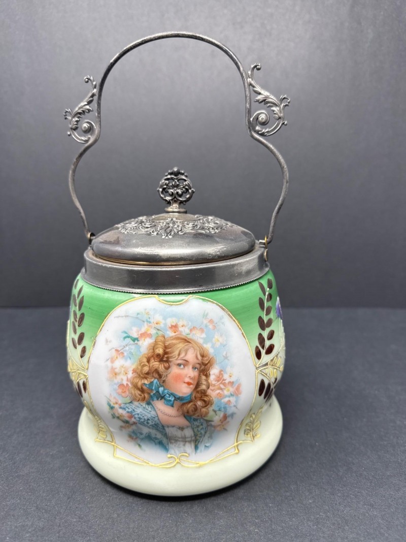 Antique Victorian Portrait Biscuit Jar Hand Painted Porcelain Ornate Metal Lid