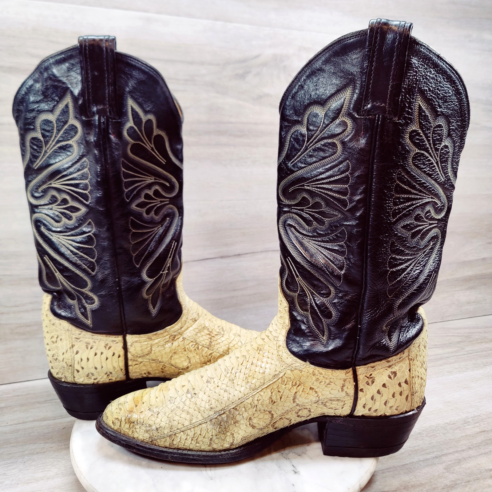 VTG Tony Lama Viper Snakekin Cowboy Boot Men 9 D Black Natural Exotic GOLD LABEL
