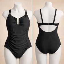 Black Ruched One Piece Swimsuit NEW Deep V Gold Hardware Tummy Control- Medium