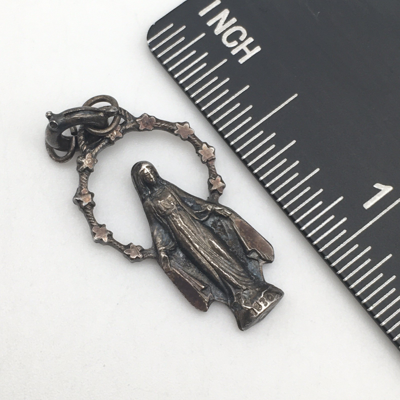 Vintage Sterling Silver Miraculous Mary 1830 Charm Marked Sterling Italy 2g #38