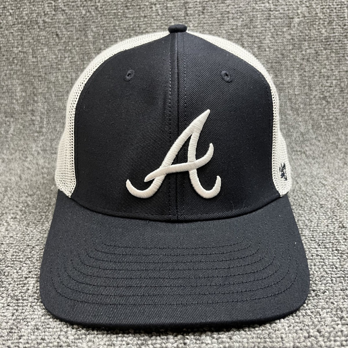 Atlanta Braves '47 Brand Hitch Trucker Hat Snapback Navy White Script A Mesh Cap