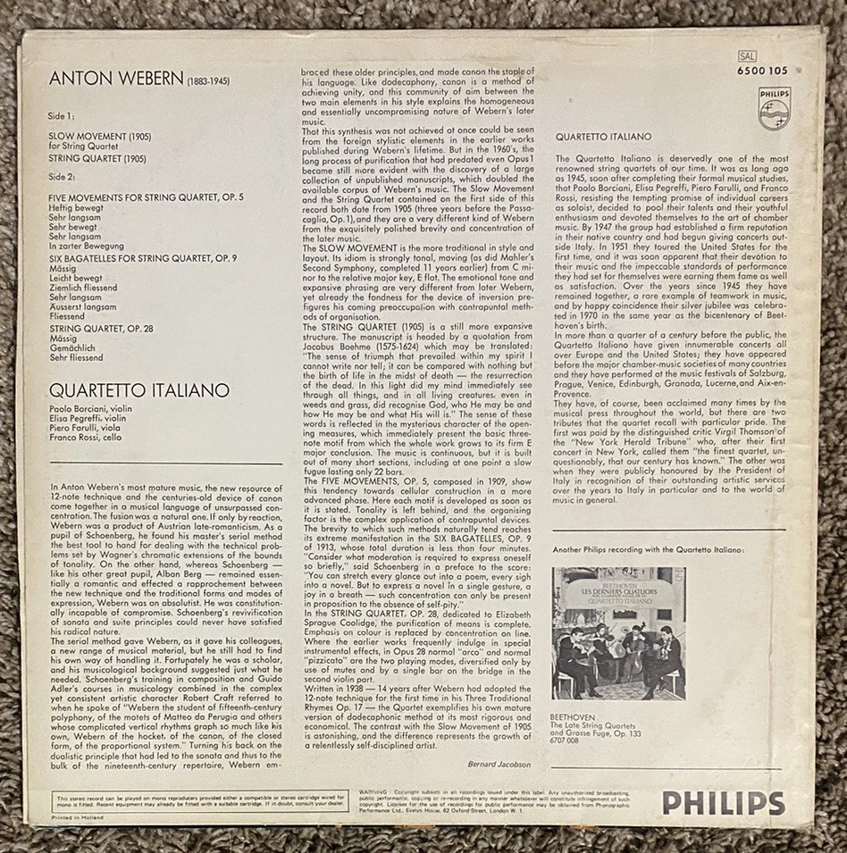 Webern Quartetto Italiano – Complete Music String Quartet - Philips LP Vinyl -EX - Image 2 of 4