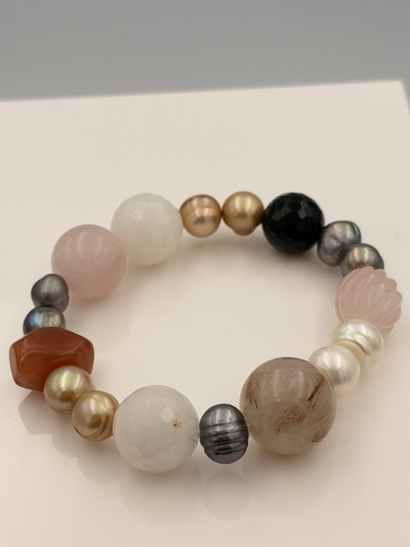 Vtg Stone Bracelet: Rose Quartz, Quartz, Rutilated Quartz, Carnelian, Onyx
