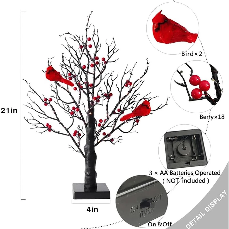 Christmas Vintage Glowing Tree 21'' w/ Cardinals,Aparntetit LED Glow Tree Gift - Image 2 of 4