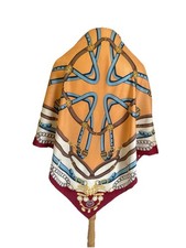 Vintage Equestrian Print Square Scarf Orange Blue Belt Chain Motif A66