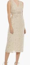 MAC DUGGAL Dress Size 12 Sequin MIDI Sheath Sleeveless V Neck Nude Tan Beige
