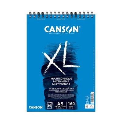 XL Mixed Media 160gsm A5 Paper, Light Grain, Spiral Pad Short Side, 30 White ...