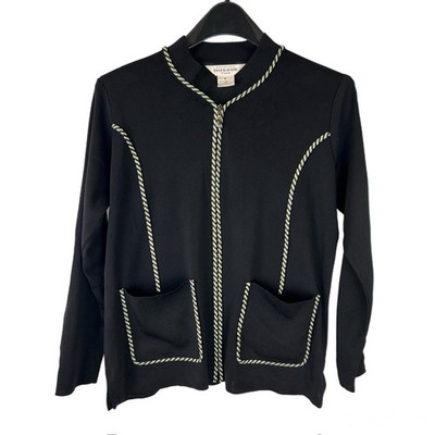 Misook Cardigan Black Green Full Zip Long Sleeve Sweater Jacket Top Size S Small