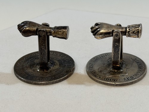 Antique 1860’s Brazil 500 Reis Silver Cufflinks Unique Hand Backings/Toggles - Afbeelding 4 van 11