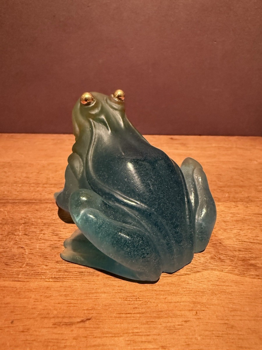 Daum France Pate de Verre Blue frog with Gold Eyes Mint