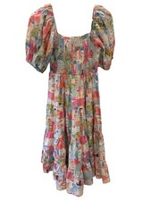 Pinch Smocked Puff Sleeve Tiered Pink and Green Sundress Size M, Pre-Owned EUC