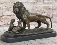 Extra Large African Lion Playing with her Cub Bronze Sculpture Figurine Figure