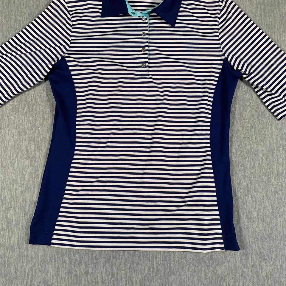 Polo de golf Callaway para mujer pequeño azul marino blanco a rayas rendimiento elástico Foto 3 de 4