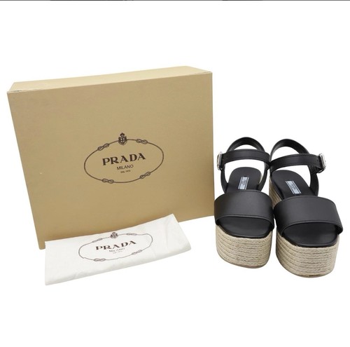 Prada Black Leather Platform Wedge Espadrille Sandals Ankle Strap EU 36.5