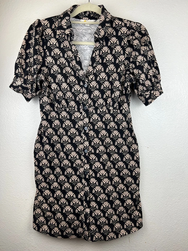 Boden Button Jersey Mini Tea Dress Beige/Black Pockets US 6P - Image 2 of 4