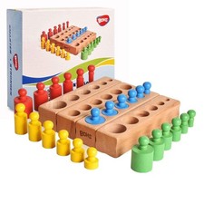 Montessori Knobbed Cylinders Blocks - 6 Pegs / 6.7 Inches - Colorful Wooden E...