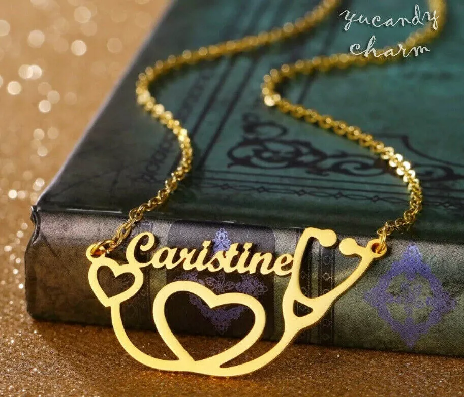 USA Personalized Silver Gold Custom name Stethoscope Nurse Doctor Hero necklace