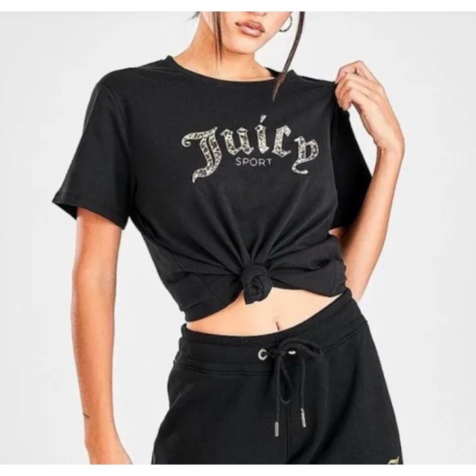 JUICY COUTURE★Leopard Logo Flock Print T-shirt JC198 Juicy Couture JUICY Sport Leopard Graphic Black Short Sleeve