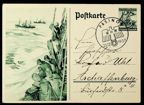 SEPHIL GERMANY 1937 FISHERMEN AT SEA 6+4pf POSTAL CARD PASING TO ASCHAFFENBURG - Picture 1 of 2