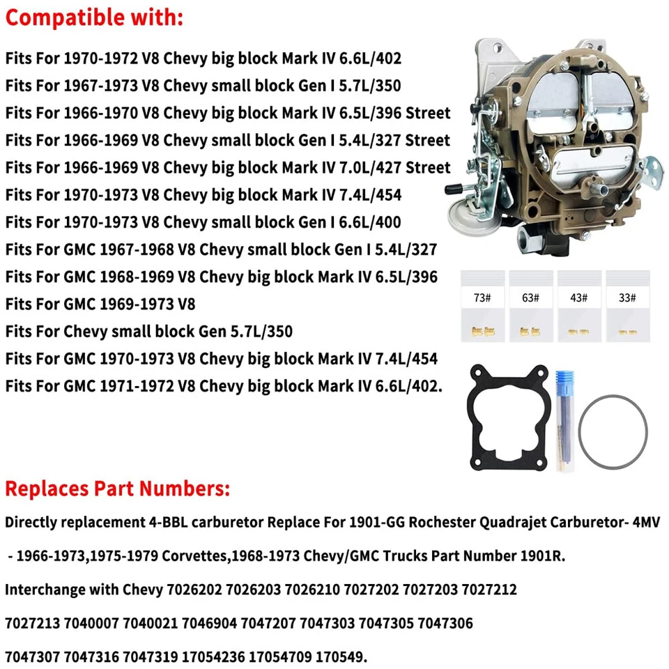 For Chevy GMC 327 350 396 427 454 750CFM Rochester Quadrajet 4 Barrel Carburetor - Изображение 4 из 4