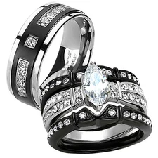 Her & His 4Pc Black Wedding Ring Set – Marquise CZ, Stainless Steel & Titanium