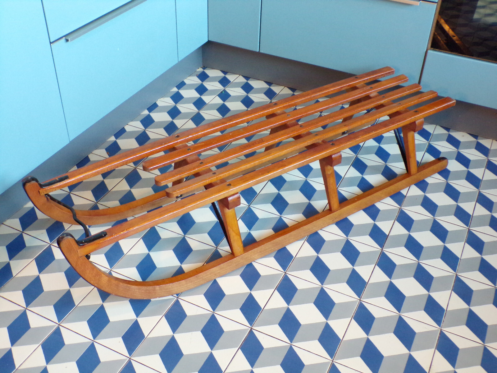 ANCIEN-GRAND LUGE DAVOS BOIS-VINTAGE-DéCO-CHALET-MONTAGNE-122cm