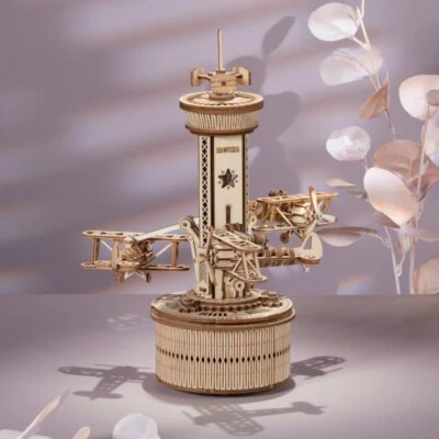 ROKR 3D Wooden Puzzle Airplane Tower Music Box DIY Model Building Toys Gifts