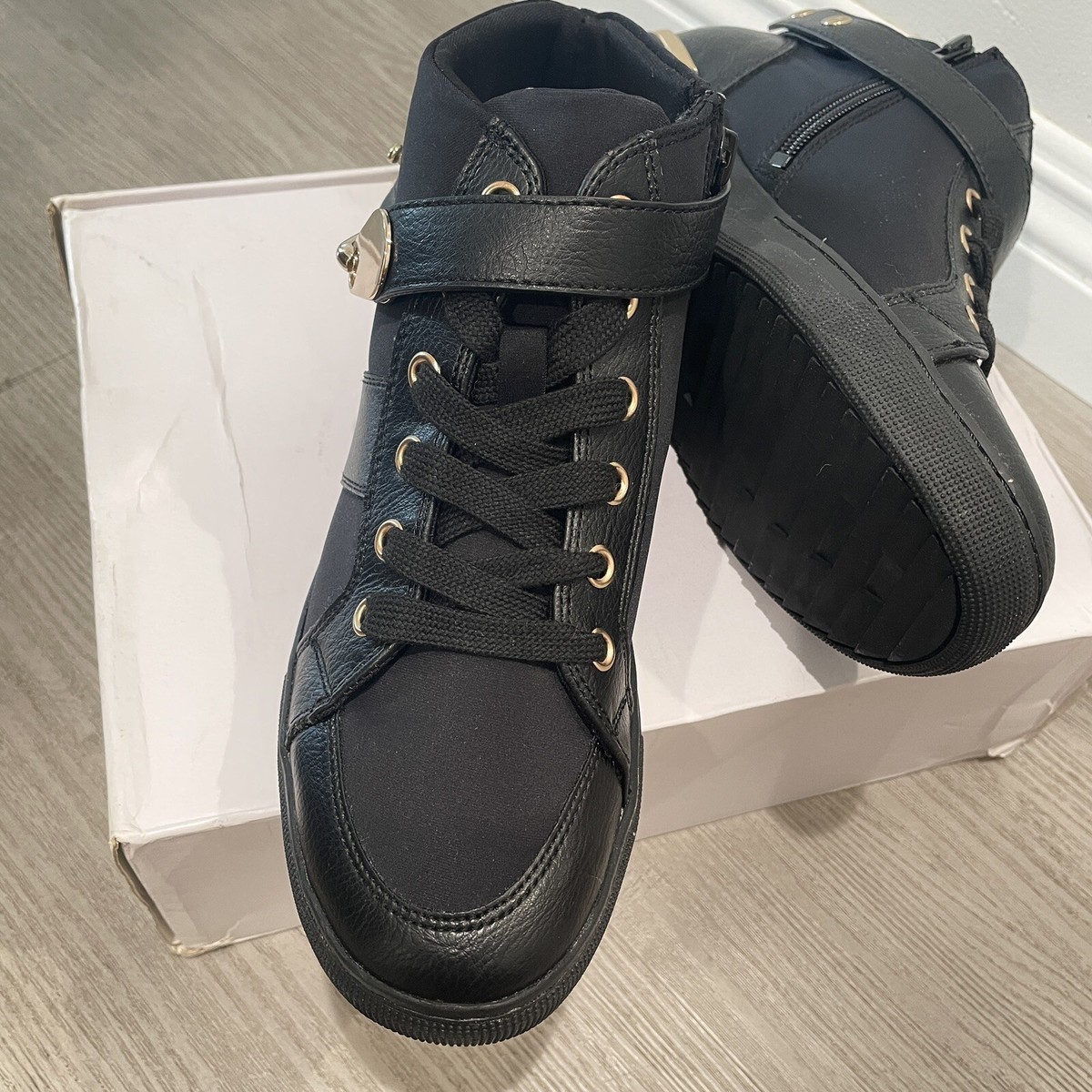 Aldo Women's Y2K Black Mid-Top Sneakers Zip Buckle Lace Up