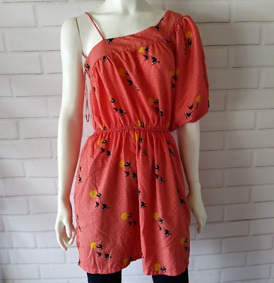 Angie Tunic Top Medium Polka Dot Birds Sun One Shoulder Casual Pink Coral
