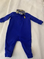 RALPH LAUREN BABY BOYS ROMPER SIZE 3-6 MOS BLUE WITH PLAID COLLAR
