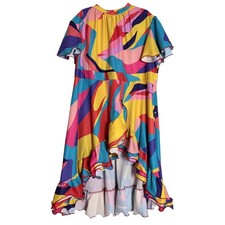 NWOT Women Plus Size Abstract Print High Low Ruffle Dress Festival Colorful