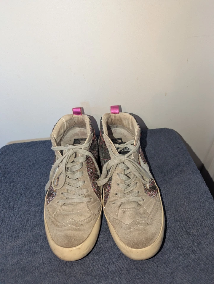 Tênis Golden Goose Mid Star Feminino Tamanho 37 EUA 7 Cinza Camurça Glitter - Imagem 3 de 4