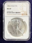1986 1oz Silver American Eagle NGC MS69 About Perfect- Full Details Total Smooth