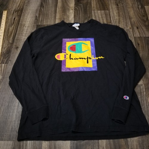 Vintage Champion Black Sweatshirt Size XL Pullover Multicolored Logo