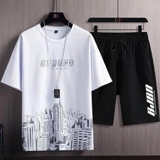 Mens Ice Silk 2 Piece Set Short Sleeve T-Shirt and Shorts Sport Tracksuit