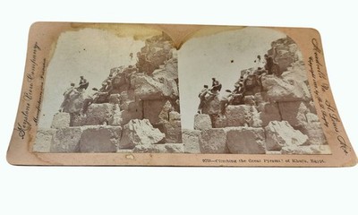 Antique 1899 Stereoview Card Climbing The Great Pyramid Of Khufu Egypt