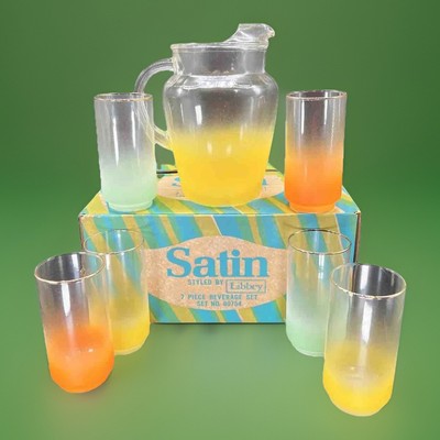 7 Piece Libbey Satin Beverage Set Original Box Vintage Barware Pitcher & Glasses
