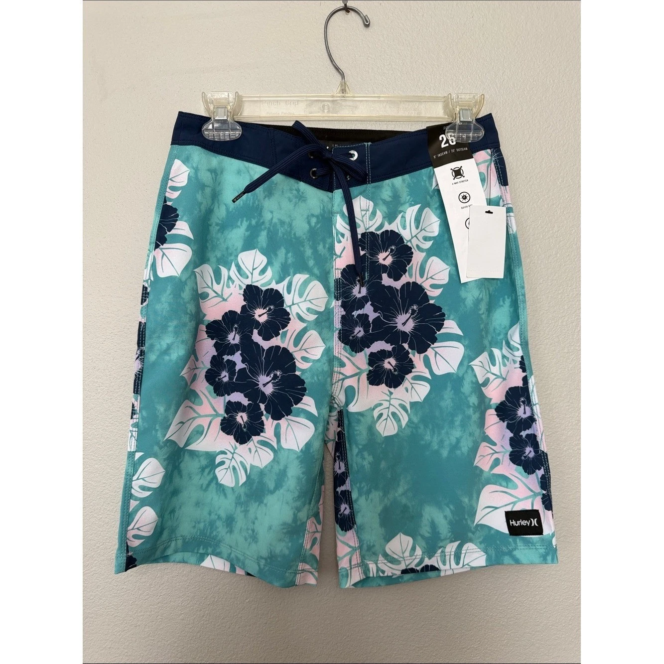 Hurley Men's Teal Floral Boardshorts Size 26 Quick Dry 4 Way Stretch Beach